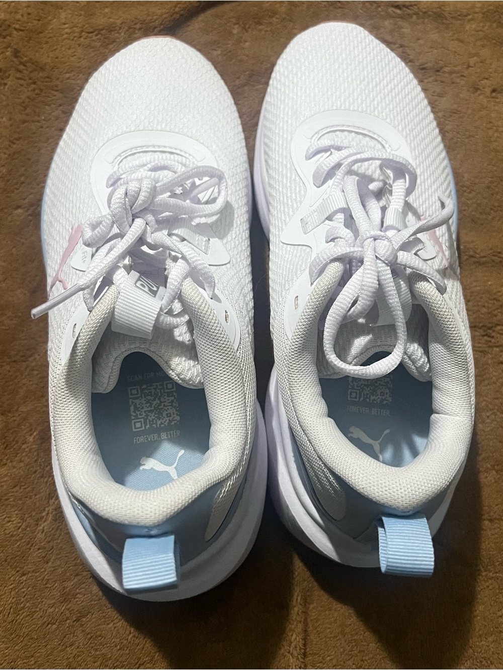 Puma Womens White Sneakers with Light Blue Pull Tabs and Pink Logo